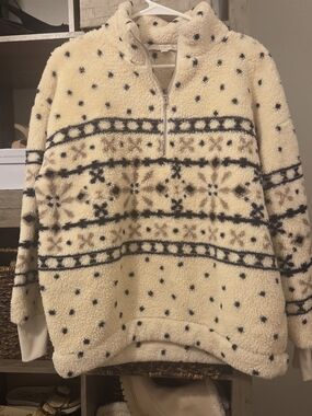 LOFT Cream Sherpa Pullover with Black Fair Isle Pattern